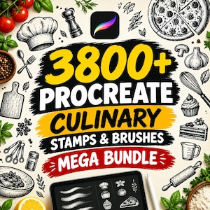 May include: A digital graphic featuring the text 3800+ PROCREATE CULINARY STAMPS & BRUSHES MEGA BUNDLE surrounded by black and white illustrations of kitchen tools, food items, and a tablet displaying digital brush stroke samples.