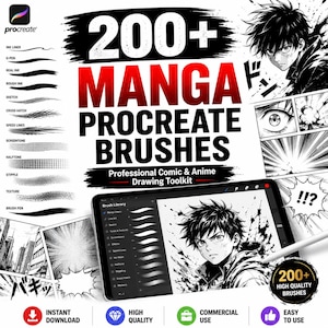 Peut inclure: Un kit d'outils numériques comprenant plus de 200 pinceaux Manga pour Procreate destinés au dessin de bandes dessinées et d'animes. L'image montre une tablette avec un menu de bibliothèque de pinceaux, une illustration de personnage et du texte.