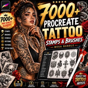 7000+ Procreate tatueringsstämplar och penslar paket | Tatueringsdesignkit | Dödskalle, drake, orm, tribal, mandala, ros, gotisk | Direkt nedladdning