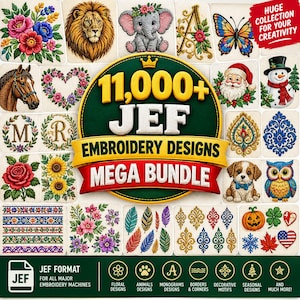 Op de afbeelding: Een digitale collectie van 11.000+ JEF-borduurontwerpen met diverse motieven, waaronder bloemen, een leeuw, een olifant, een vlinder, de Kerstman, een sneeuwman, een paard, monogrammen, een puppy, een uil, pompoenen en bladeren.