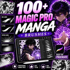 May include: A digital set of 100+ Magic Pro Manga Brushes for Procreate, featuring a tablet displaying a brush library menu, anime-style character illustrations with purple magical effects, and text labels for ink liner, G-pen, speed lines, and screentones.