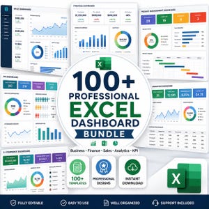 May include: A digital collection of 100+ professional Excel dashboard templates featuring various business, finance, sales, and analytics layouts. The central graphic displays the text 100+ PROFESSIONAL EXCEL DASHBOARD BUNDLE with icons.