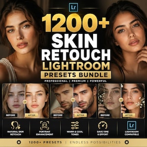 Puede incluir: Un paquete digital de más de 1200 ajustes preestablecidos de Lightroom para retoque de piel, con ejemplos de retratos y comparaciones de antes y después. El gráfico incluye etiquetas de texto para retoque natural y compatibilidad con Lightroom.