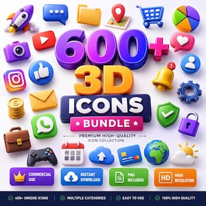 Puede incluir: Una colección digital de más de 600 iconos 3D que incluye varios símbolos como un cohete, cámara, carrito de compras, globo terráqueo y logos de redes sociales. El texto central dice 600+ 3D ICONS BUNDLE, con etiquetas para uso comercial.
