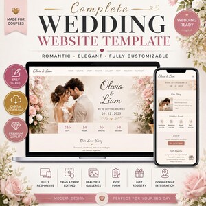 May include: A digital wedding website template displayed on a laptop screen and a smartphone. The design features a couple, floral accents, a countdown timer, and text including "Olivia & Liam" and "Complete Wedding Website Template."