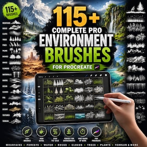 May include: A digital collection of 115+ complete pro environment brushes for Procreate, displayed on a tablet screen. The interface shows a grid of various nature-themed brush strokes including mountains, trees, clouds, and water textures.