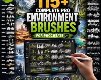 115+ Environment Brushes for Procreate | Landscape Brush Set | Mountains, Trees, Rocks, Clouds & Waterfall