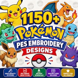 Puede incluir: Una colección digital de 1150+ diseños de bordado PES de Pokemon con ilustraciones de Pikachu, Charizard, Bulbasaur, Squirtle, Eevee y Gengar. El gráfico incluye un icono de Poke Ball roja y blanca y cinco etiquetas rectangulares.