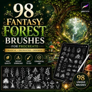 Könnte beinhalten: Ein digitales Produkt mit 98 Fantasy-Wald-Pinseln für Procreate. Die Grafik zeigt goldenen und grünen Text, ein Tablet mit weißen Pinselstrich-Mustern und einen Hintergrund eines verzauberten Waldes mit Pilzen und einem Wasserfall.