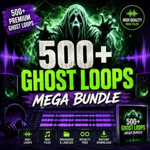 Könnte beinhalten: Eine digitale Produktwerbung für das 500+ Premium Ghost Loops Mega Bundle mit einer zentralen grünen Geisterfigur, großem weißem Text, violetten Audiowellenformen, Studiomonitoren, Kopfhörern sowie Symbolen für WAV-Dateien und Download.