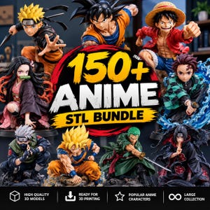 Puede incluir: Una colección digital de más de 150 archivos STL de anime para impresión 3D, que presenta varias figuras de personajes como Naruto, Goku, Luffy, Nezuko, Tanjiro, Kakashi y Zoro en poses dinámicas con acabados detallados.