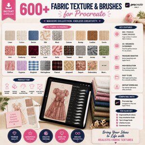 May include: A digital collection of 600+ fabric texture brushes for Procreate, featuring a grid of 25+ fabric categories like linen, denim, and velvet. The image displays a tablet showing a dress illustration and a stack of fabric swatches.