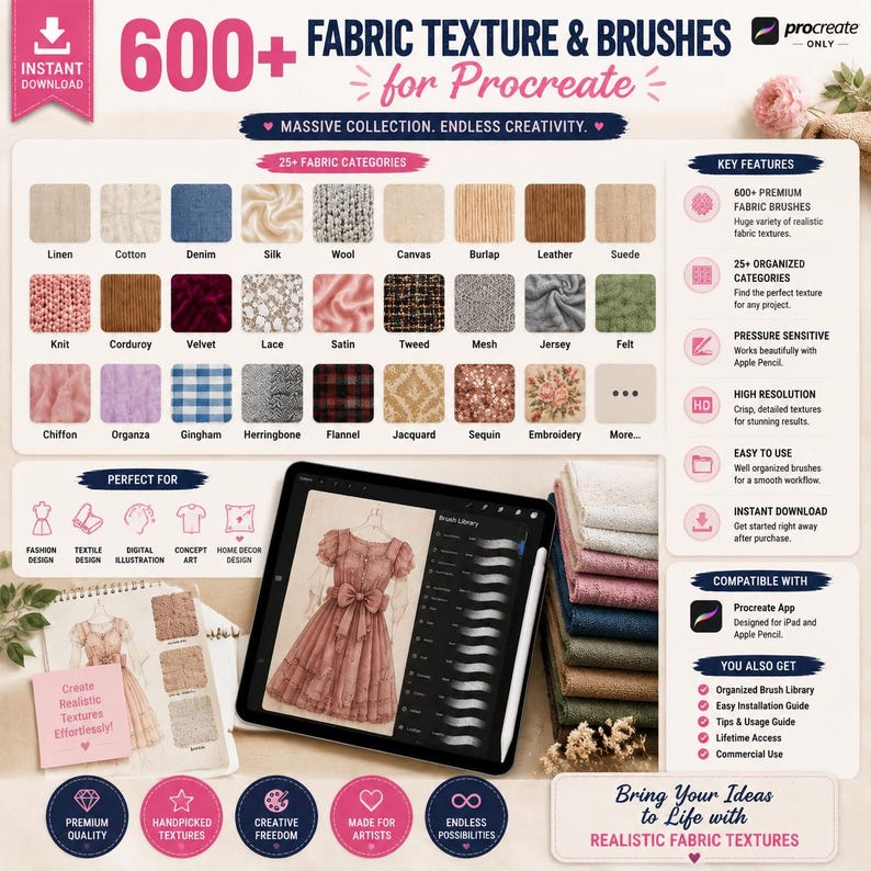 May include: A digital collection of 600+ fabric texture brushes for Procreate, featuring a grid of 25+ fabric categories like linen, denim, and velvet. The image displays a tablet showing a dress illustration and a stack of fabric swatches.