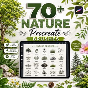 Könnte beinhalten: Ein digitales Tablet mit einem Raster aus 20 Procreate-Pinseln zum Thema Natur, darunter Bäume, Blätter, Blumen, Gras, Zweige, Pflanzen, Farne, Büsche, Felsen, Kakteen, Berge, Wasser, Boden, Moos, Ranken, Wildblumen, Samen, Baumstümpfe und Texturen.