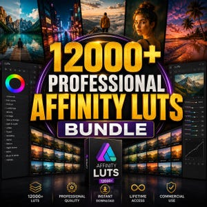 Peut inclure: Un ensemble de produits numériques comprenant 12000+ LUTs Affinity professionnelles. Le graphique présente une boîte centrale étiquetée Affinity LUTs 12000+ entourée de divers exemples photographiques, de panneaux d'interface logicielle et d'icônes.