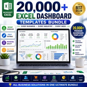 May include: A digital bundle of 20,000+ Microsoft Excel dashboard templates displayed on a laptop screen. The graphic features text including 20,000+ Excel Dashboard Templates Bundle, Best Seller, Instant Download, Fully Editable, and Professional Quality.
