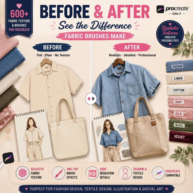 May include: A digital graphic showcasing Procreate fabric brushes with a before and after comparison of a shirt and tote bag. The left side shows flat, plain items, while the right side displays realistic, textured versions. Includes labels for denim, linen, cotton, knit, silk, wool, and velvet textures.