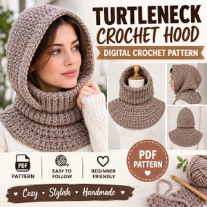 Puede incluir: Una capucha de ganchillo de color marrón claro con cuello de tortuga acanalado. La imagen muestra un patrón de ganchillo digital titulado TURTLENECK CROCHET HOOD, con varias vistas de la capucha, un icono de PDF y un ovillo de lana.