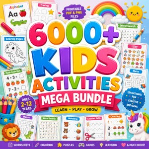 Pode incluir: Um pacote digital de mais de 6000 atividades infantis com texto colorido, arquivos PDF e PNG imprimíveis e várias planilhas, incluindo exercícios de alfabeto, páginas para colorir, matemática, caça-palavras e labirintos.