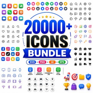 May include: A digital graphic bundle featuring the text 20000+ ICONS BUNDLE with SVG, PNG, AI, and EPS labels. The image displays a vast collection of colorful, monochrome, and 3D-style icons including social media logos, UI elements, and symbols.