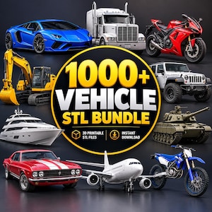 Puede incluir: Una colección digital de más de 1000 archivos STL de vehículos para impresión 3D, que incluye un coche deportivo azul, un camión blanco, una moto roja, una excavadora amarilla, un SUV blanco, un yate blanco, un tanque verde, un coche rojo, un avión blanco y una moto de cross azul.