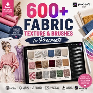 以下が含まれることがあります： Procreate用の600種類以上のファブリックテクスチャとブラシ素材のデジタルコレクションがタブレット画面に表示されています。インターフェースには、リネン、コットン、シルク、デニム、ウール、キャンバス、ニット、レザー、麻、ベルベット、レース、コーデュロイ、サテン、ツイード、メッシュ、フェルト、スパンコールなどのテキスタイル見本が表示されています。レイアウトには、ブラシストロークのプレビューとスタイラスペンを備えたサイドバーが含まれています。