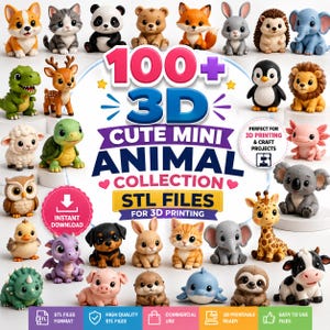 Può includere: Una collezione digitale di oltre 100 file STL di animali in miniatura 3D per la stampa 3D. L'immagine presenta varie figure di animali in stile cartone animato, tra cui cane, gatto, panda, orso, volpe, coniglio, riccio, elefante, dinosauro, cervo, pecora, tartaruga, gufo, anatra, drago, pinguino, leone, axolotl, koala, giraffa, maiale, lontra, delfino, bradipo e mucca.