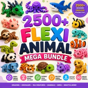 Könnte beinhalten: Eine digitale Sammlung von 2500+ 3D-druckbaren, beweglichen Tierfiguren, darunter ein grüner Drache, ein violetter Oktopus, ein blauer Hai, eine Biene, ein Faultier, ein Panda, ein Elefant, ein Tiger, eine Schildkröte, ein Einhorn und ein Hund.