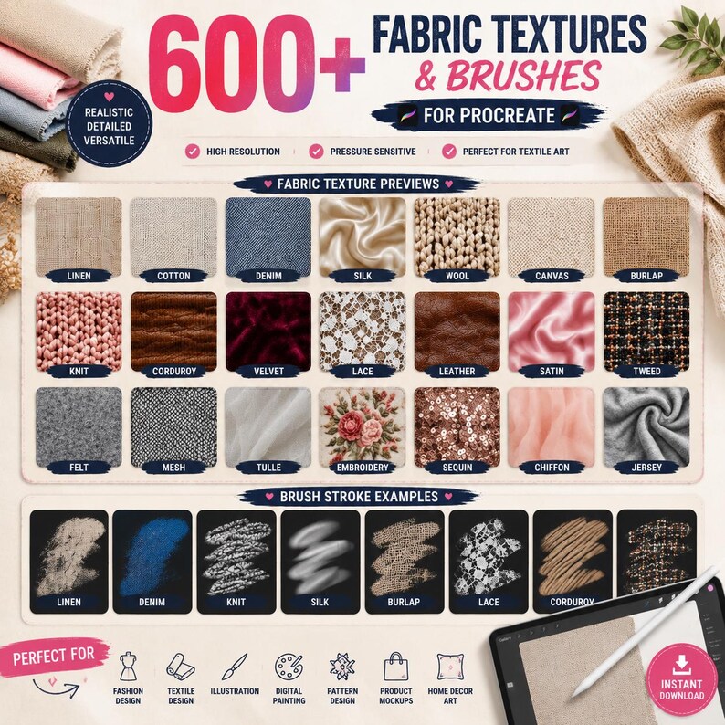 May include: A digital collection of 600+ fabric textures and brushes for Procreate, featuring visual previews of materials like linen, cotton, denim, silk, wool, canvas, burlap, knit, corduroy, velvet, lace, leather, satin, tweed, felt, mesh, tulle, embroidery, sequin, chiffon, and jersey.