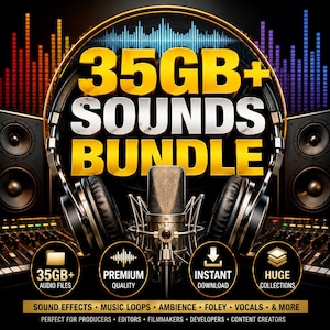 Puede incluir: Un gráfico digital que muestra un par de auriculares negros grandes centrados sobre un micrófono de estudio. El texto dice 35GB+ SOUNDS BUNDLE en letras amarillas y blancas. Debajo hay cuatro iconos circulares y texto que enumera efectos de sonido.