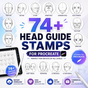74+ Huvudguidestämplar för Procreate | Porträttteckningspenslar | Guide till ansiktesanatomi | Stämpelpaket för karaktärsdesign | Huvudbaspenslar
