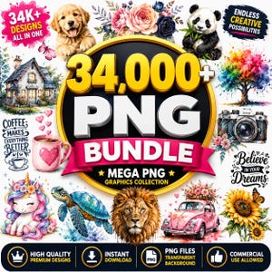 May include: A digital graphics bundle advertisement featuring the text 34,000+ PNG BUNDLE. The image displays various illustrations including a golden retriever puppy, a panda, a unicorn, a sea turtle, a lion, a pink car, and a sunflower.