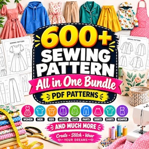 600+ Sewing Patterns PDF Bundle, All in One Sewing Pattern Collection, Men Women Kids, Dresses, Tops, Jackets, Pants & More