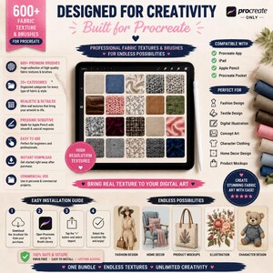 May include: A digital product display for Procreate featuring 600+ fabric textures and brushes. The image shows a tablet screen with a grid of fabric swatches, an installation guide, and examples of fashion, home decor, and character design.