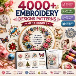 Op de afbeelding: Een digitaal pakket met 4000+ borduurontwerpen en patronen met bloemen, dieren, vogels, vlinders, mandala's en vakantiethema's. De collectie bevat een tablet met gecategoriseerde voorbeelden, gedrukte handleidingen en gekleurd borduurgaren.