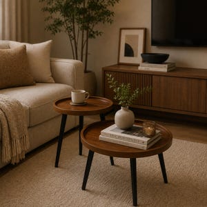 May include: Two round wooden coffee tables with raised edges and black tapered legs. The smaller table holds a ribbed ceramic mug. The larger table features a light-colored ceramic vase, a glass candle holder, and two stacked books.