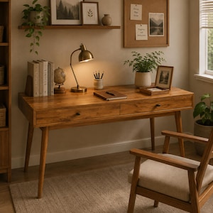 May include: A wooden desk with two drawers and tapered legs, featuring a brass desk lamp, a notebook with a pen, a pencil holder, a small globe, and books. A wooden chair with a beige cushion is positioned in front of the desk.
