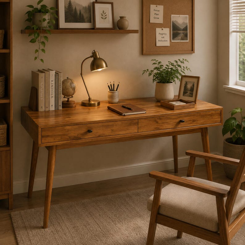 May include: A wooden desk with two drawers and tapered legs, featuring a brass desk lamp, a notebook with a pen, a pencil holder, a small globe, and books. A wooden chair with a beige cushion is positioned in front of the desk.