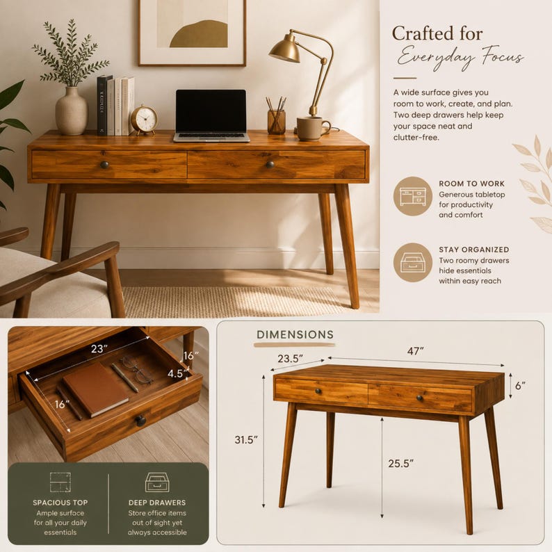 May include: A wooden desk with two drawers, four tapered legs, and a rectangular top. The desk measures 47 inches wide, 23.5 inches deep, and 31.5 inches high. Each drawer interior measures 23 inches wide, 16 inches deep, and 4.5 inches high.