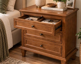 28.37" Farmhouse 3-Drawer End Table with Charging Station, Engineered Wood Nightstand