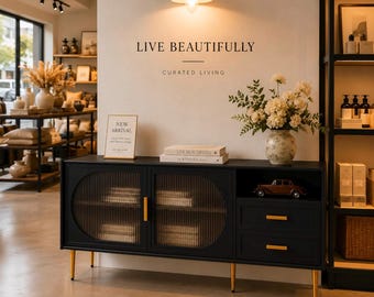 Modern Black Media Console Cabinet, Glass Doors, Storage Drawers, Living Room Furniture