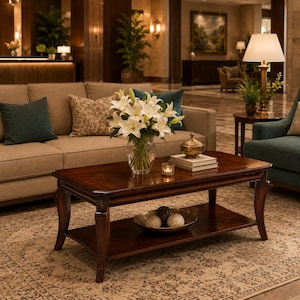 May include: A rectangular dark wood coffee table with curved legs and a lower shelf. The table holds a clear glass vase with white lilies, a small gold lidded bowl, two stacked books, a votive candle holder, and a bowl containing three spheres.