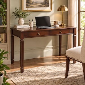 May include: A dark brown wooden writing desk featuring two drawers with gold ring pulls and fluted legs. The desk surface holds a silver laptop, a white ceramic vase with greenery, a marble pen holder, two stacked books, and a gold desk lamp.