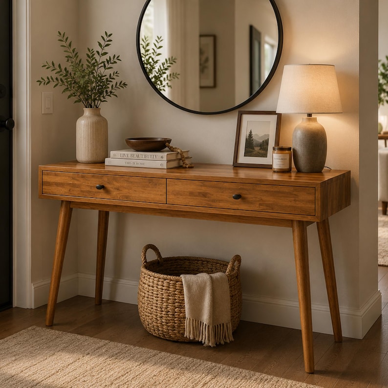 May include: A wooden console table with two drawers and tapered legs, topped with a ceramic vase, a stack of books, a small bowl, a framed picture, and a table lamp. A woven basket containing a folded beige throw blanket sits underneath.