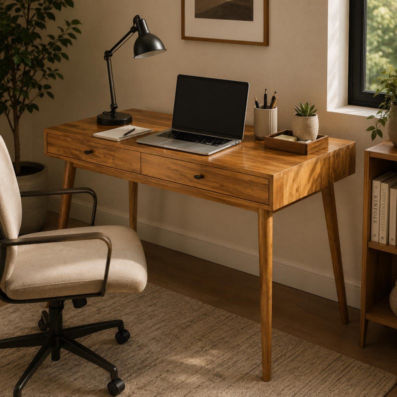 May include: A wooden desk with two drawers and tapered legs, featuring a black desk lamp, a laptop, a notebook, a pen, a pencil holder, and a small wooden tray with a potted succulent. A beige office chair with armrests sits in front.