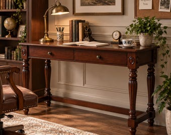 May include: A dark wood writing desk with two drawers, featuring turned legs and brass-toned hardware. An open book rests on the surface alongside a brass desk lamp, a pencil holder, a small clock, and a white teacup with a blue floral pattern.