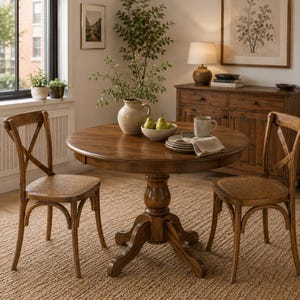 May include: A round wooden dining table with a central pedestal base, accompanied by two wooden chairs featuring cross-back designs and woven seats. The table is set with a ceramic vase containing greenery, a bowl of pears, and a stack of plates.