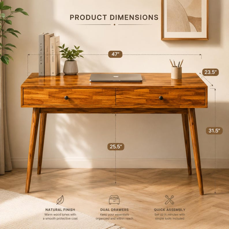 May include: A rectangular wooden desk with two drawers and four tapered legs. The desk features a natural wood grain finish and measures 47 inches wide, 23.5 inches deep, and 31.5 inches high, with a 25.5-inch clearance under the drawer section.