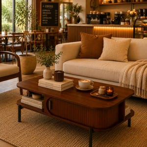 May include: A dark wood coffee table with a sliding door, a lower shelf, and black metal legs. On the table are two stacked books titled KIN F O L K and THIS IS HOME, a white ceramic mug on a saucer, a small candle, and a wooden tray with a candle.