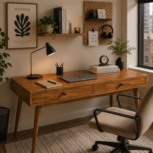 May include: A wooden desk with two drawers, a black lamp, a laptop, a notebook, and a pen. Above, a shelf holds books, a plant, and a candle. A pegboard displays notes, a small shelf with a plant, and headphones. A beige office chair sits nearby.